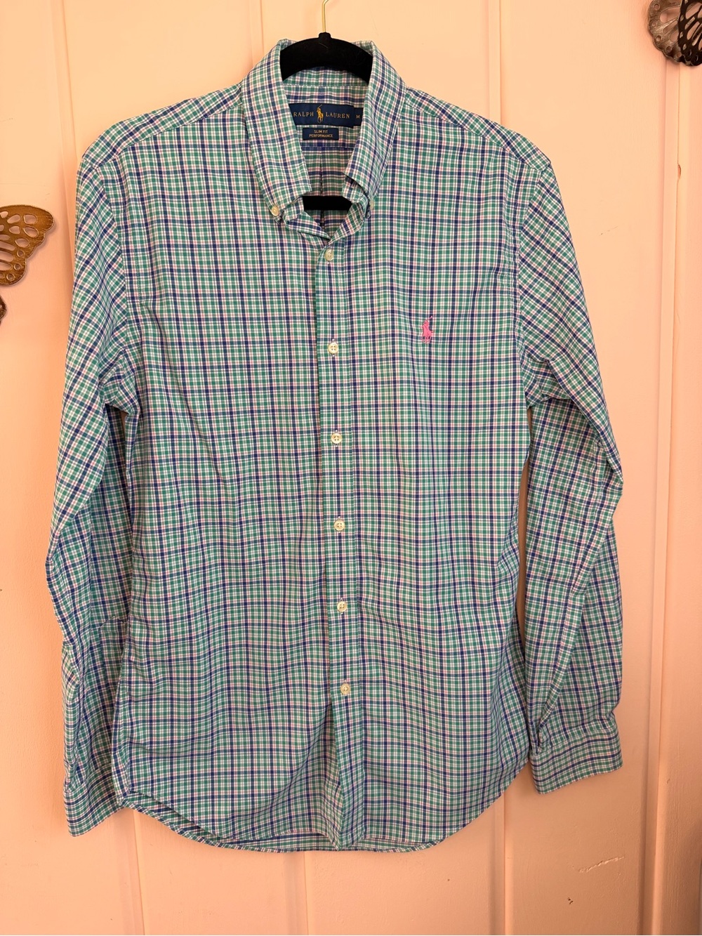Ralph Lauren Performance Slim Fit Green & Blue Plaid Button-Down Shirt szM